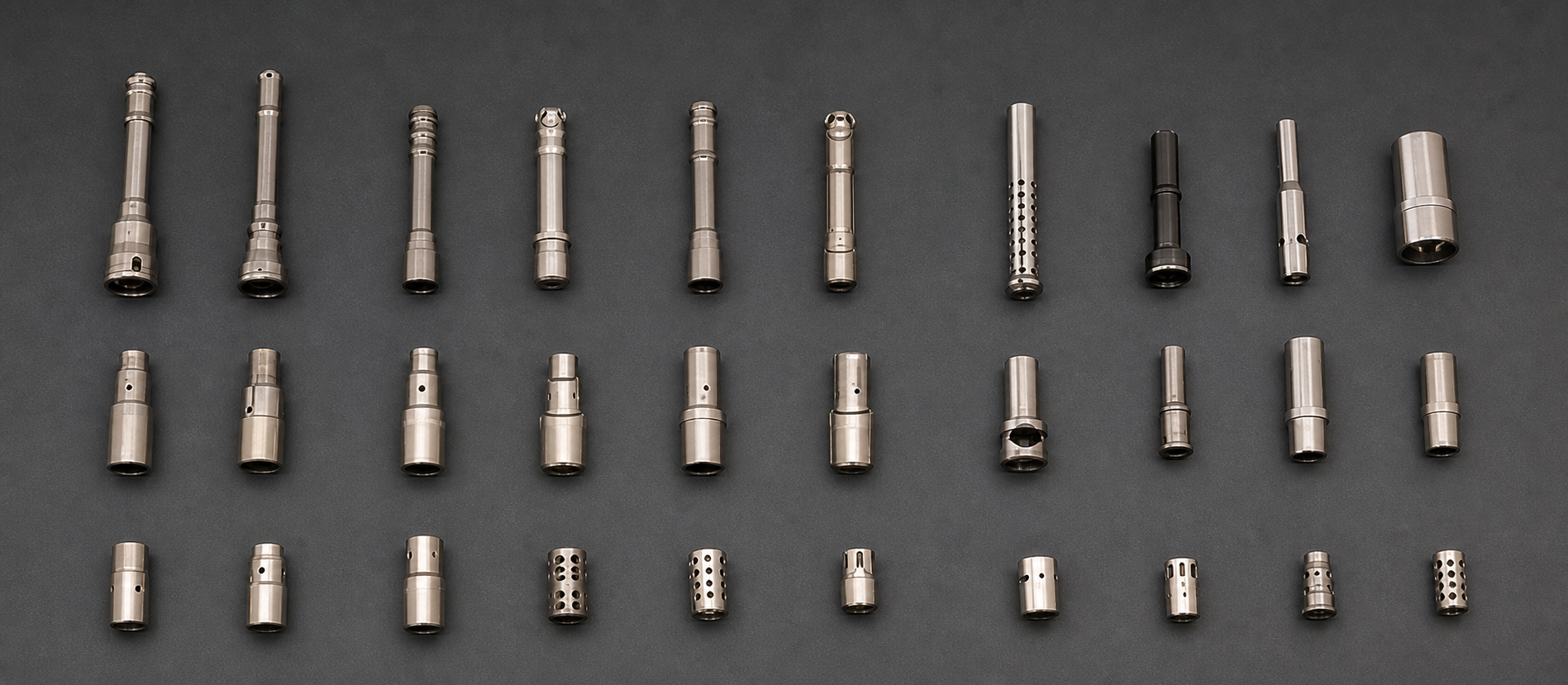 A broad selection of tubular precision stamped parts arranged without display ties